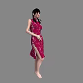 Woman in Red Qipao with Pigtails and Side Slit Standing Barefoot on Gray Background