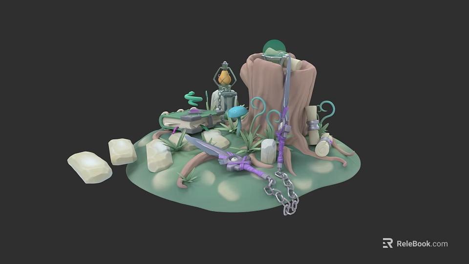 Adventurer Gear Setup With Tree Stump Lantern Mushrooms Bow Arrow And Chain 3d model 