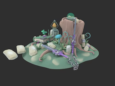 Adventurer Gear Setup With Tree Stump Lantern Mushrooms Bow Arrow And Chain 3d model