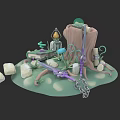 Adventurer Gear Setup With Tree Stump Lantern Mushrooms Bow Arrow And Chain