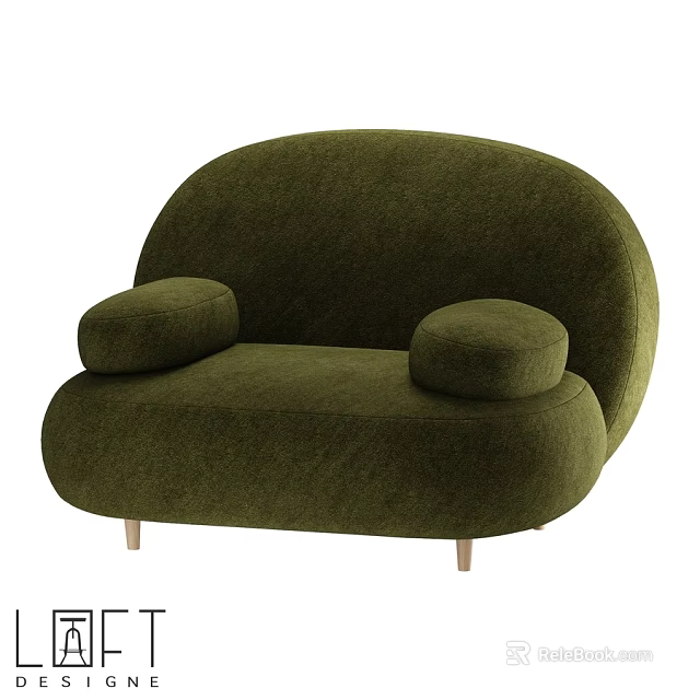 Green Velvet Leisure Chair With Rounded Armrests And Wooden Legs Curved Design 3d model 