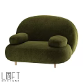 Green Velvet Leisure Chair With Rounded Armrests And Wooden Legs Curved Design