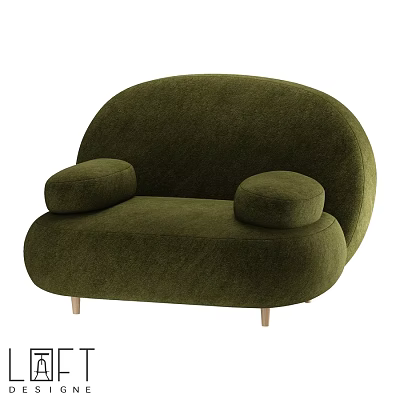Green Velvet Leisure Chair With Rounded Armrests And Wooden Legs Curved Design 3d model