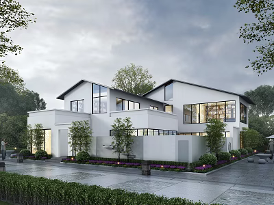 Modern Detached Villa With White Exterior Large Glass Windows And Surrounding Greenery 3d model