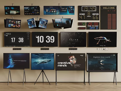 Modern Televisions Showing Various Screen Content On Stands In Different Styles 3d model