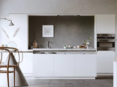 Modern Open Kitchen and Dining Area with White Cabinets Island Counter and Decorative Painting 3d model
