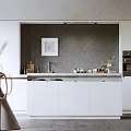Modern Open Kitchen and Dining Area with White Cabinets Island Counter and Decorative Painting