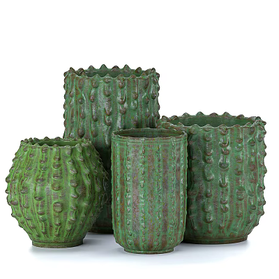Green Ceramic Vases With Raised Textures And Various Shapes For Home Decor 3d model
