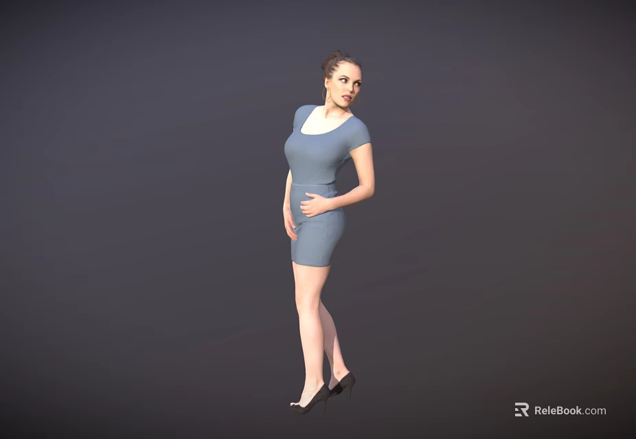 Elegant Woman in Blue Fitted Dress Standing Against Gray Background Wearing Black High Heels 3d model 