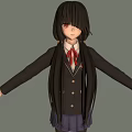 Anime Girl Character in School Uniform with Long Black Hair Purple Skirt and Arms Outstretched