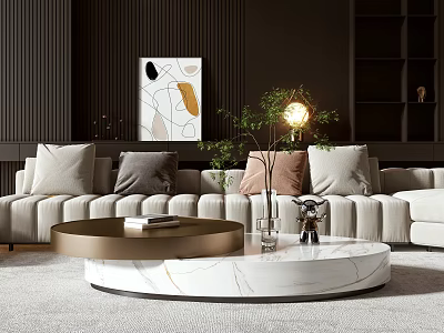 Modern Sectional Sofa With Throw Pillows And Marble Coffee Table In Living Room 3d model