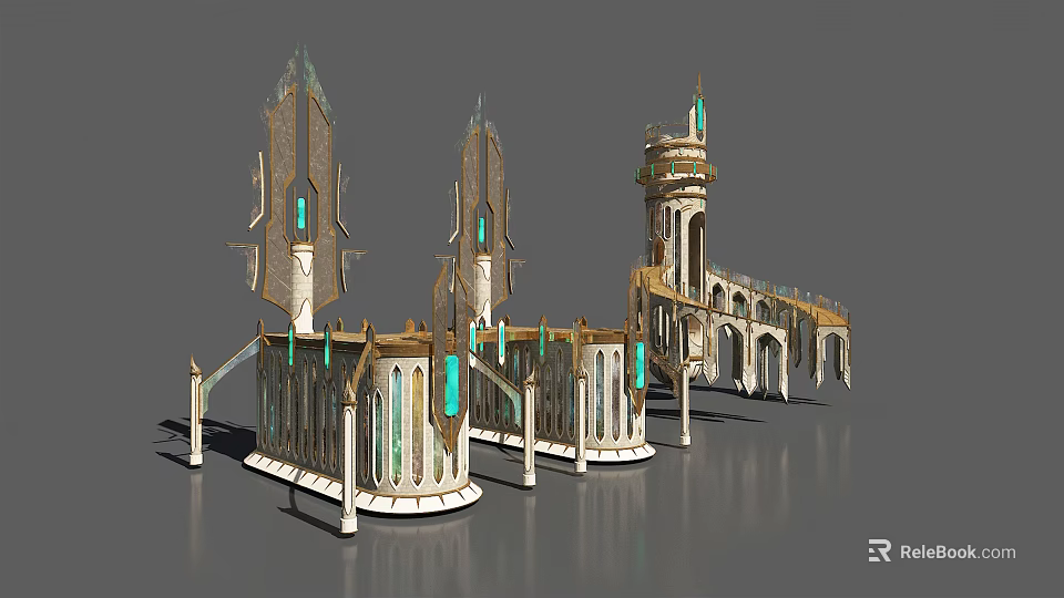 European Architecture 3D Model Featuring Tower Arches Decorative Spires And Green Gemstones 3d model 