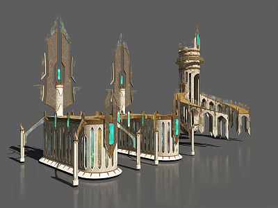 European Architecture 3D Model Featuring Tower Arches Decorative Spires And Green Gemstones 3d model