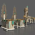 European Architecture 3D Model Featuring Tower Arches Decorative Spires And Green Gemstones