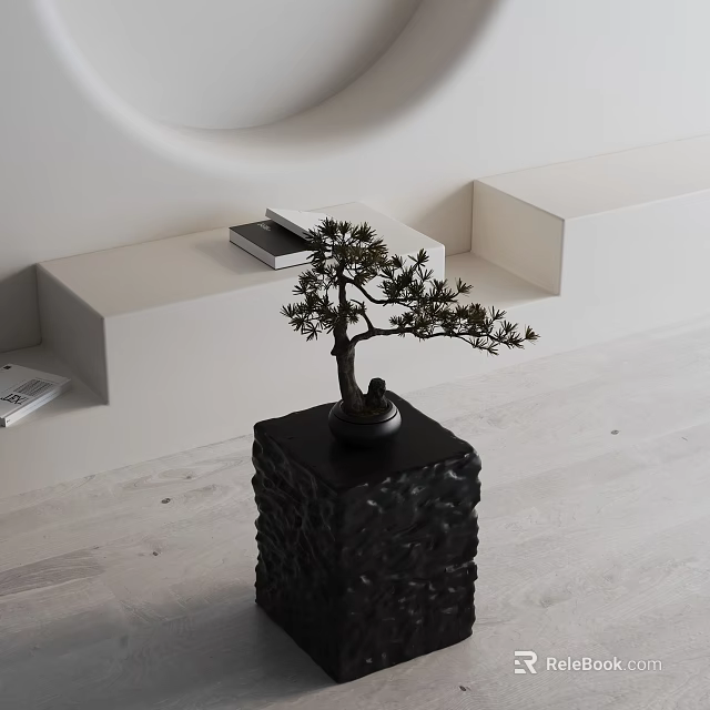 Black Textured Side Table Displaying Bonsai Tree In Modern Minimalist Interior With White Steps 3d model 