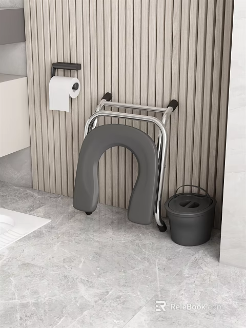 Comfortable Grey Leisure Chair with Metal Armrests in Bathroom Wooden Wall and Toilet Paper Holder 3d model 