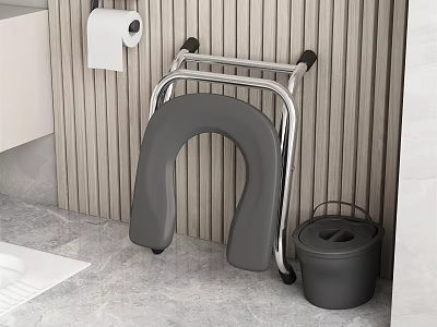 Comfortable Grey Leisure Chair with Metal Armrests in Bathroom Wooden Wall and Toilet Paper Holder 3d model