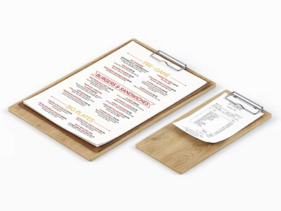 Wooden Clipboard Folder With Menu List Attached Clip And White Paper Sheets 3d model