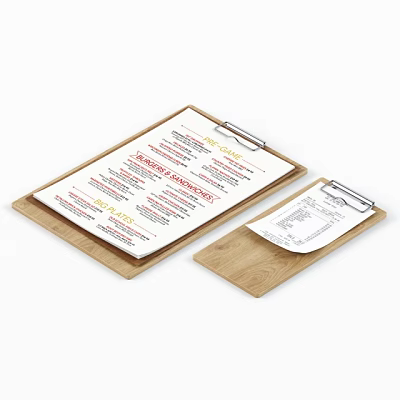 Wooden Clipboard Folder With Menu List Attached Clip And White Paper Sheets 3d model