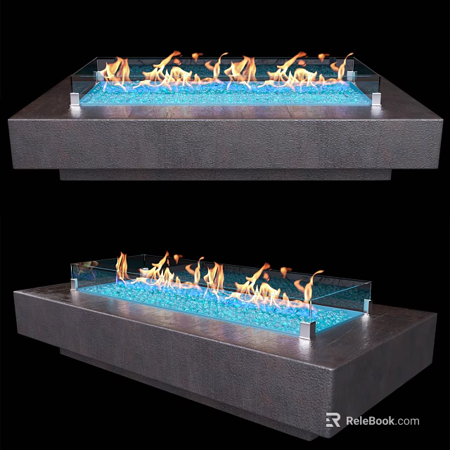 Modern Glass Fireplace With Sleek Base Blue Interior And Dancing Flames 3d model 