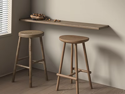 Two Wooden Bar Stools in Modern Indoor Setting With Wall Mounted Shelf And Window 3d model