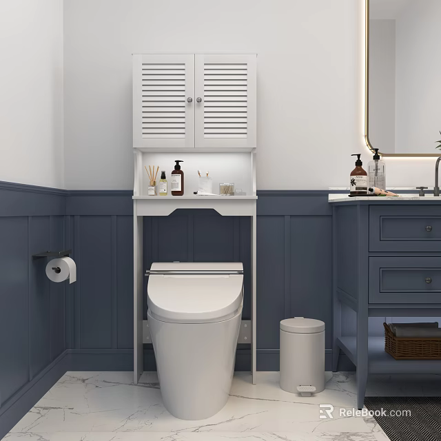 Modern Bathroom Featuring White Toilet With Overhead Cabinet And Navy Blue Wainscoting 3d model 