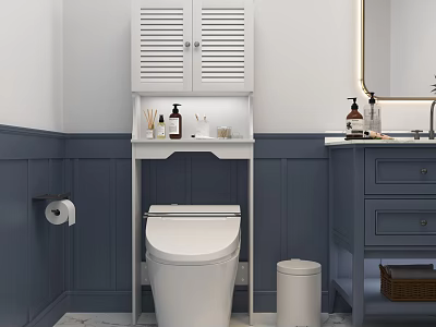 Modern Bathroom Featuring White Toilet With Overhead Cabinet And Navy Blue Wainscoting 3d model