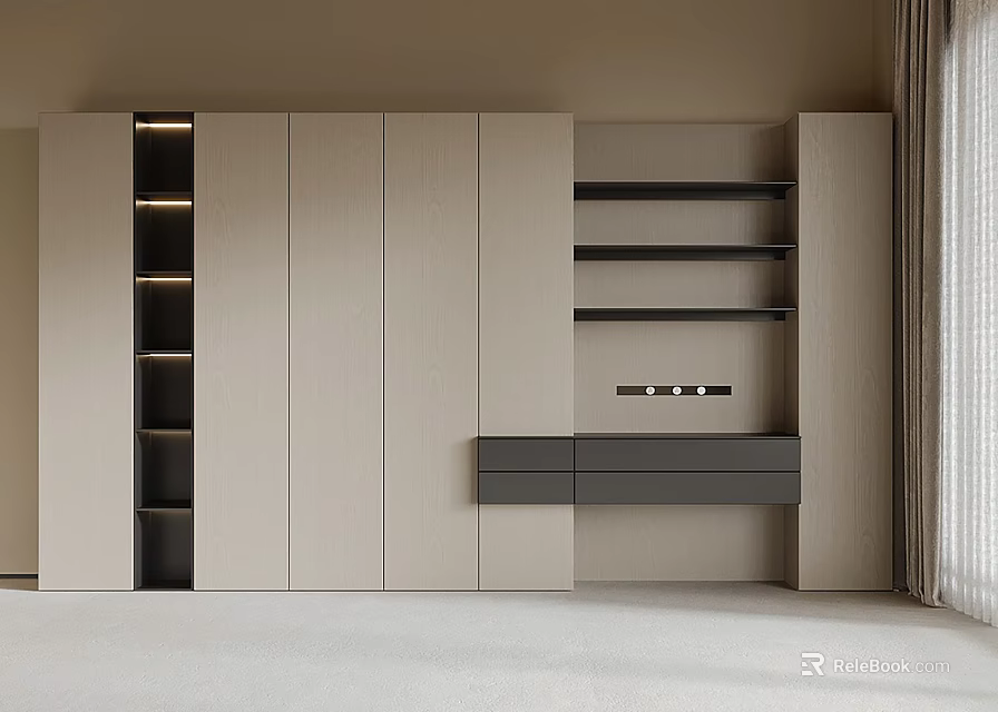 Modern Home Bookcase With Light Beige Finish Black Shelves And Storage Drawers 3d model 