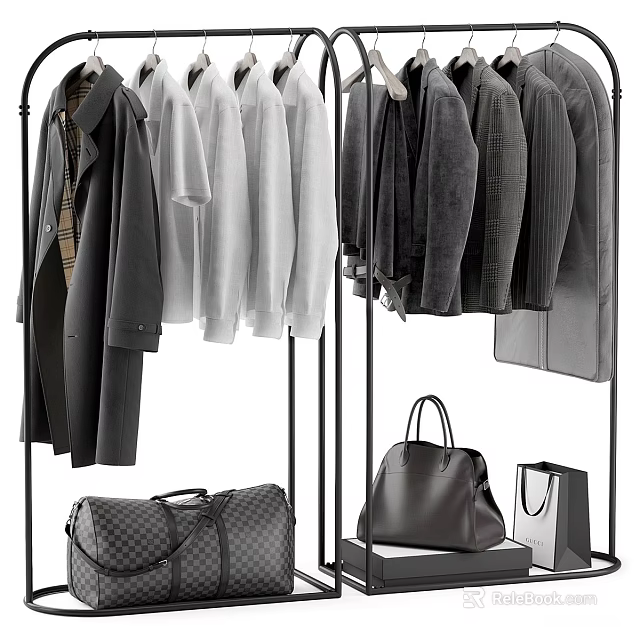 Stylish Clothes Collection With Hanging Coats Shirts Jackets And Leather Bags 3d model 