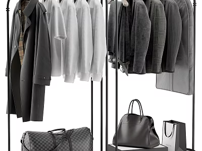 Stylish Clothes Collection With Hanging Coats Shirts Jackets And Leather Bags 3d model