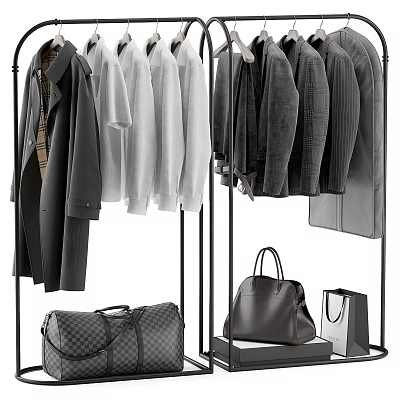 Stylish Clothes Collection With Hanging Coats Shirts Jackets And Leather Bags 3d model