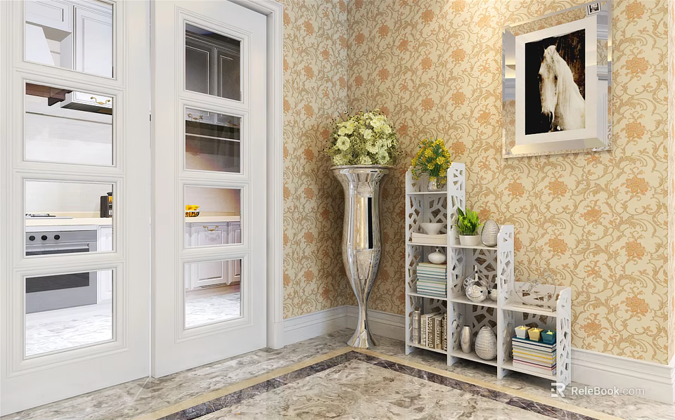 Elegant Bookcase In Corner With Patterned Wallpaper Decorative Vase Green Plants And Books 3d model 