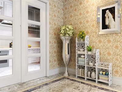 Elegant Bookcase In Corner With Patterned Wallpaper Decorative Vase Green Plants And Books 3d model