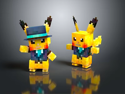 Cute Pixel Art Style Pikachu Dolls With Hat And Vest For Collection 3d model