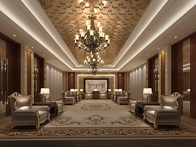 Ornate Ceiling With Chandeliers Leather Sofas And Area Rug In Hotel Public Lounge 3d model