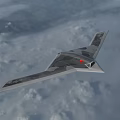Camouflage Stealth Fighter Jet Flying Through Cloudy Sky With Flying Wing Design