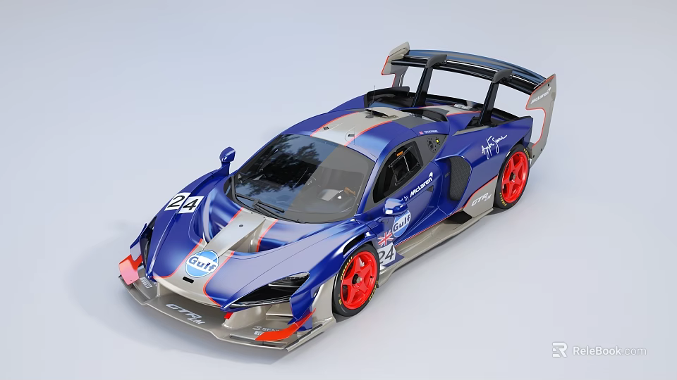 Blue Racing Car With Large Rear Wing Red Wheels Sporty Stripes And Number 220 3d model 