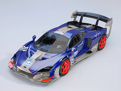 Blue Racing Car With Large Rear Wing Red Wheels Sporty Stripes And Number 220 3d model