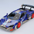 Blue Racing Car With Large Rear Wing Red Wheels Sporty Stripes And Number 220
