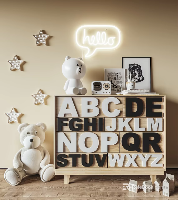 Stylish Entryway Cabinet Side Cabinet With Alphabet Blocks Neon Light And Star Decorations 3d model 