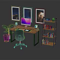 Modern Office Desk With Computer Monitor Keyboard Mouse Speakers Bookshelf Potted Plant And Framed Paintings