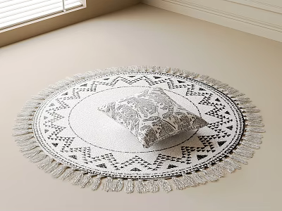 Black And White Round Carpet With Geometric Patterns Fringed Edges And Decorative Pillow 3d model