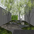 Beautiful Park Landscape With Green Trees Winding Path Grass Stones White Walls And Glass Building
