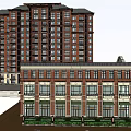 Multi Story Red Brick Residential Building With Commercial Podium And Street Green Belt