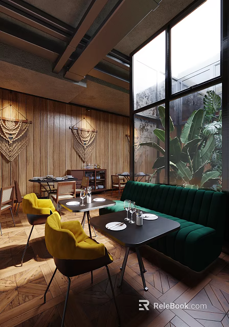 Modern Restaurant Interior With Wooden Walls Macrame Decorations Green Sofa Yellow Chairs Large Windows Plants 3d model 