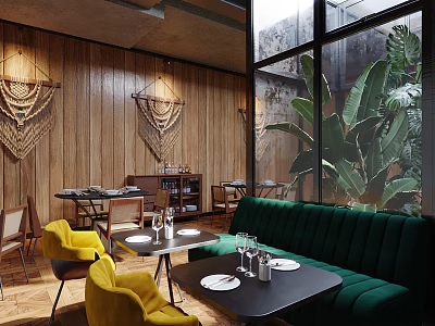 Modern Restaurant Interior With Wooden Walls Macrame Decorations Green Sofa Yellow Chairs Large Windows Plants 3d model