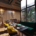 Modern Restaurant Interior With Wooden Walls Macrame Decorations Green Sofa Yellow Chairs Large Windows Plants