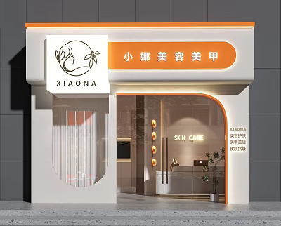 XIAONA Skin Care Nail Salon Modern Storefront With Orange White Arc Design And Glass Door 3d model