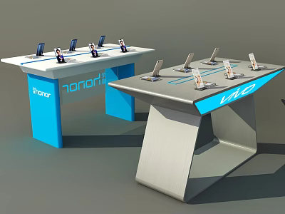 Modern Display Shelves With Blue Silver Design And Brand Logos For Electronic Devices 3d model