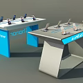 Modern Display Shelves With Blue Silver Design And Brand Logos For Electronic Devices